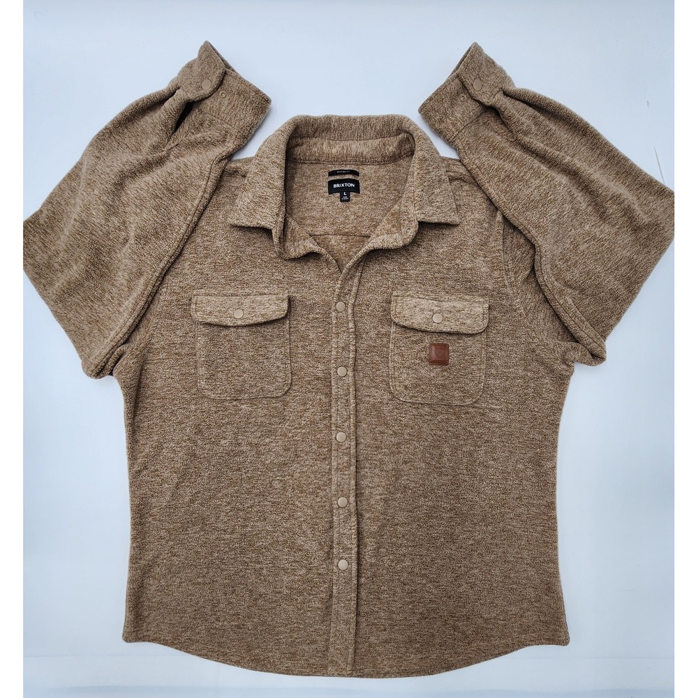 Brixton Button Up Flannel Mens L Tan Beige Long Sleeved Pocket Logo Relaxed Fit‎